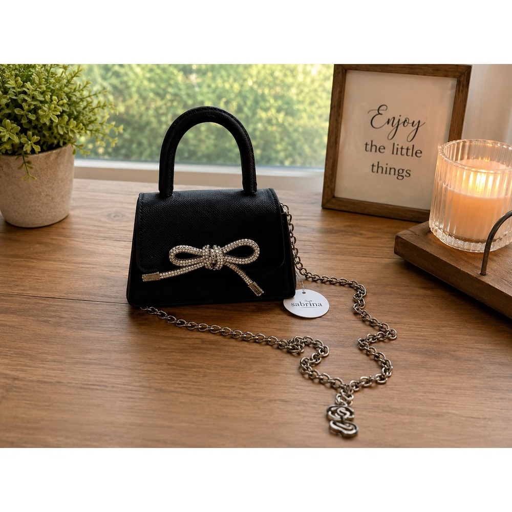 Sabrina Mini Top Handle Crossbody Purse Black Rhinestone Bow Chain Strap NWT
